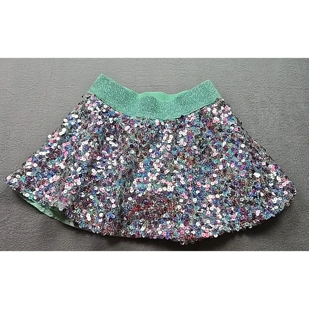 Justice Girls Sequin Mini Skirt Skater Size 7‎ Sequin Mint Pink W/ Shorts